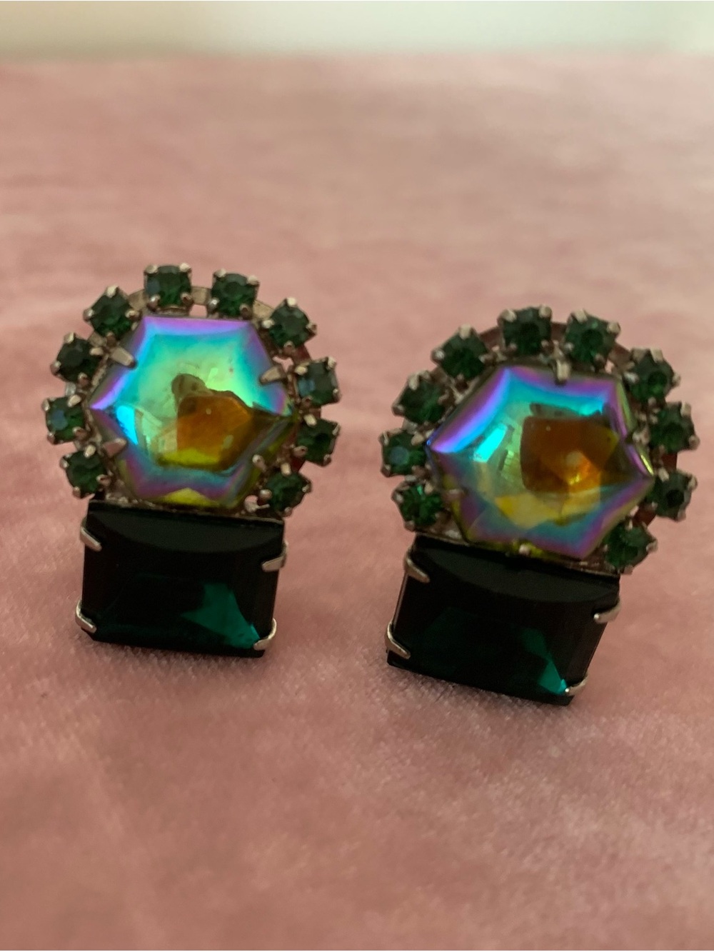 Vintage-Inspired Green Iridescent Cluster Earrings